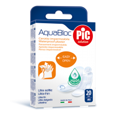 Пластырь PIC AquaBloc водонепроницаемый с антибактериальной подушечкой, НАБОР: размер 19x72мм + 25x72мм  + 25x72мм + 16x57мм + диаметр 57мм, 20шт