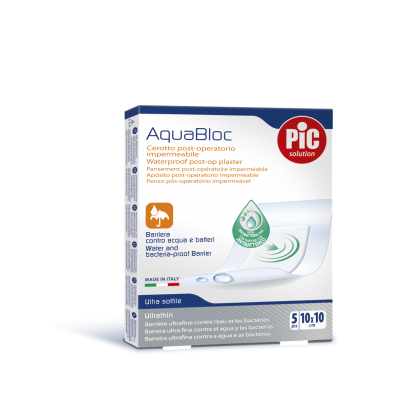 Пластырь PIC AquaBloc стерильный послеоперационный водонепроницаемый с антибактериальной подушечкой, размер 10x10см, 5шт
