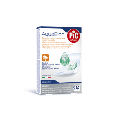 Пластырь PIC AquaBloc стерильный послеоперационный водонепроницаемый с антибактериальной подушечкой, размер 5x7см, 5шт